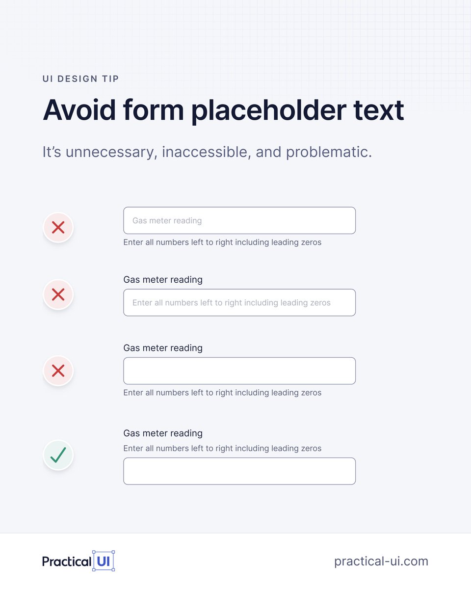 AdhamDannaway's tweet image. 🙅♂️ Avoid form placeholder text
1. It disappears on focus so you forget what the field is for.
2. It can look like the field is filled.
3. Low contrast / inaccessible.
Display label and hint above inputs so they're always visible and aren't covered by autocomplete menus.