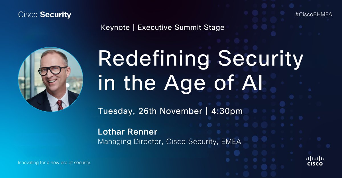 CiscoSaudia's tweet image. Don&apos;t miss the chance to hear @RennerLothar deliver an exciting keynote at @Blackhatmea! Join us on Day 1 for an insightful session on how Cisco is pioneering Security for AI and AI for Security with @CiscoSecure.

Register now ➡️ cs.co/6013S5v2L
#BHMEA24 #CiscoBHMEA