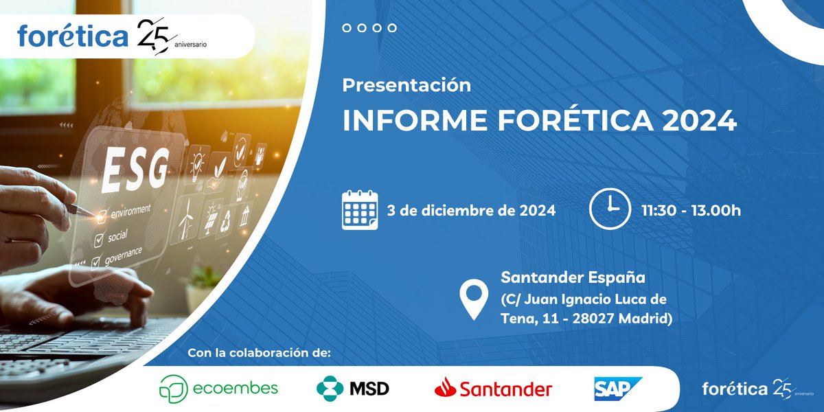 📈🌱 ¿Quieres conocer la evolución de la agenda de sostenibilidad y sus principales claves?

👥 Te invitamos a la presentación del #InformeForética2024, donde profundizaremos en el estudio con mayor base histórica de #sostenibilidad, cuyo primer documento fue publicado en 2002.