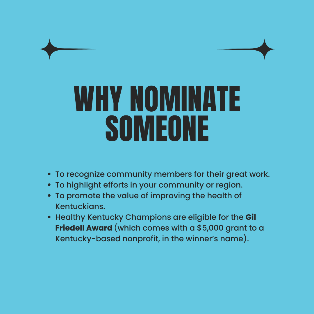 Do you know someone going above and beyond to improve the health of Kentuckians? We want to hear about them! We are now accepting nominations for the 2025 class of Healthy Kentucky Champions. Learn more here: healthy-ky.org/healthy-ky-cha…
