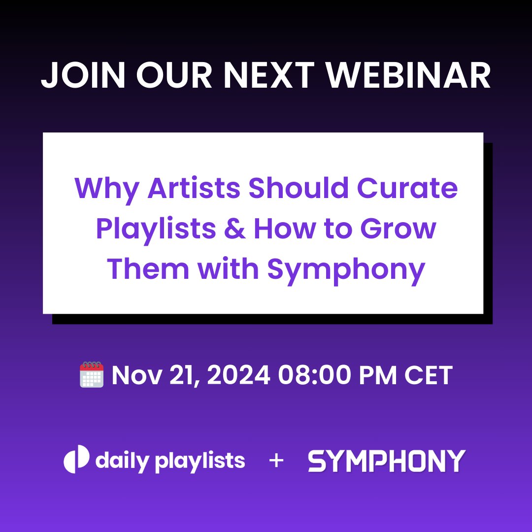 Daily Playlists (@daily_playlists) on Twitter photo Join us this Thursday to learn why all artists should curate their own playlists and how <a href="/symphonyos_/">SymphonyOS</a> enables you to easily grow them 🚀 Reserve your spot in this link: zoom.us/webinar/regist… Join us this Thursday to learn why all artists should curate their own playlists and how <a href="/symphonyos_/">SymphonyOS</a> enables you to easily grow them 🚀 Reserve your spot in this link: zoom.us/webinar/regist…