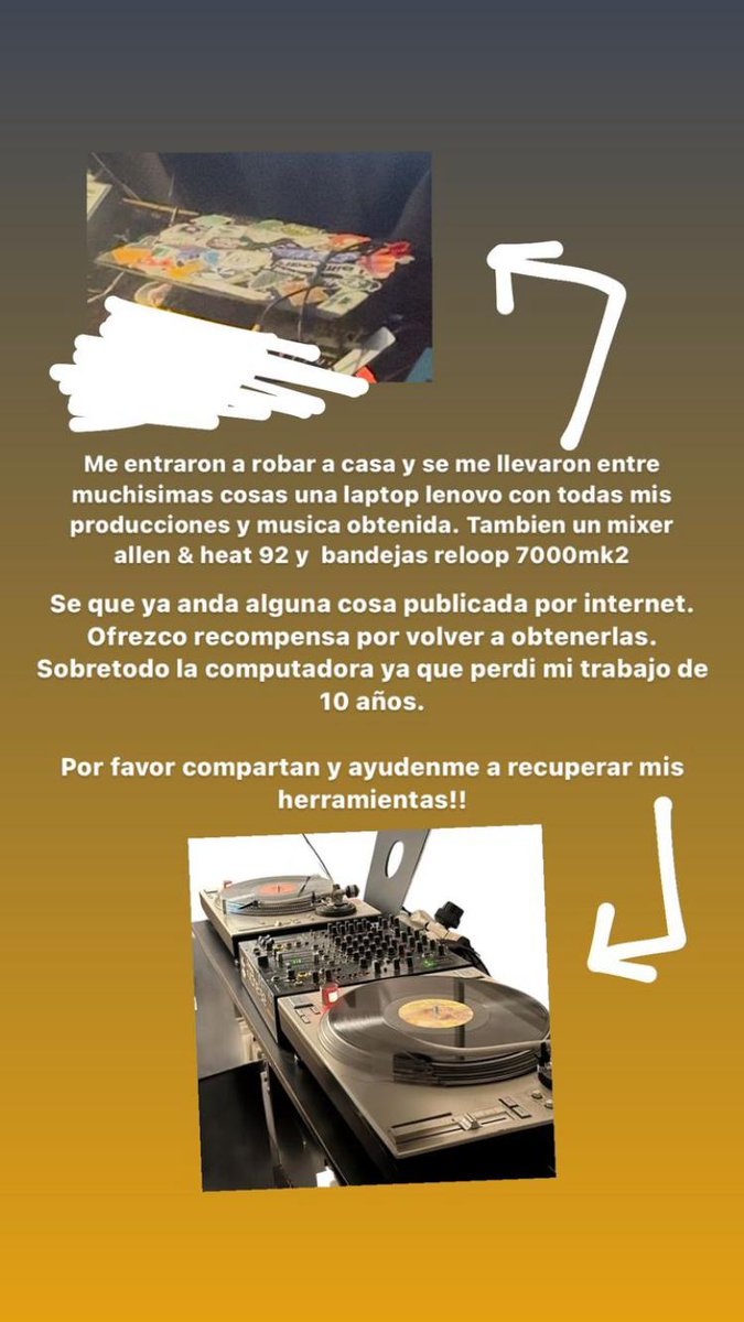 lolipomicaramit's tweet image. Llamado a la solidaridad tuitera 🙏Mi hijo y su socio tienen un estudio de grabación. Ayer entraron y se llevaron aparatos costosísimos y 10 años de compsición en una Lenovo. Si dan RT nos ayudan.
Comunicarse al cel
099461661, mi DM o whapp aquellos que tienen mi No. Mil gracias