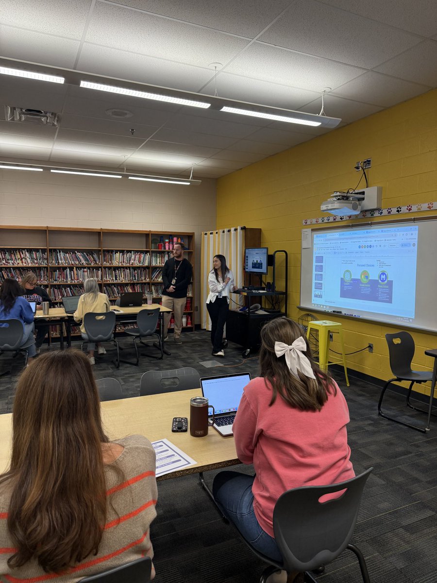 Miss Smith, Mrs. Marxen and Mr. Stanley presenting on AI resources for our staff meeting this morning! We love seeing our teachers take over our staff meetings for some PD! 💜