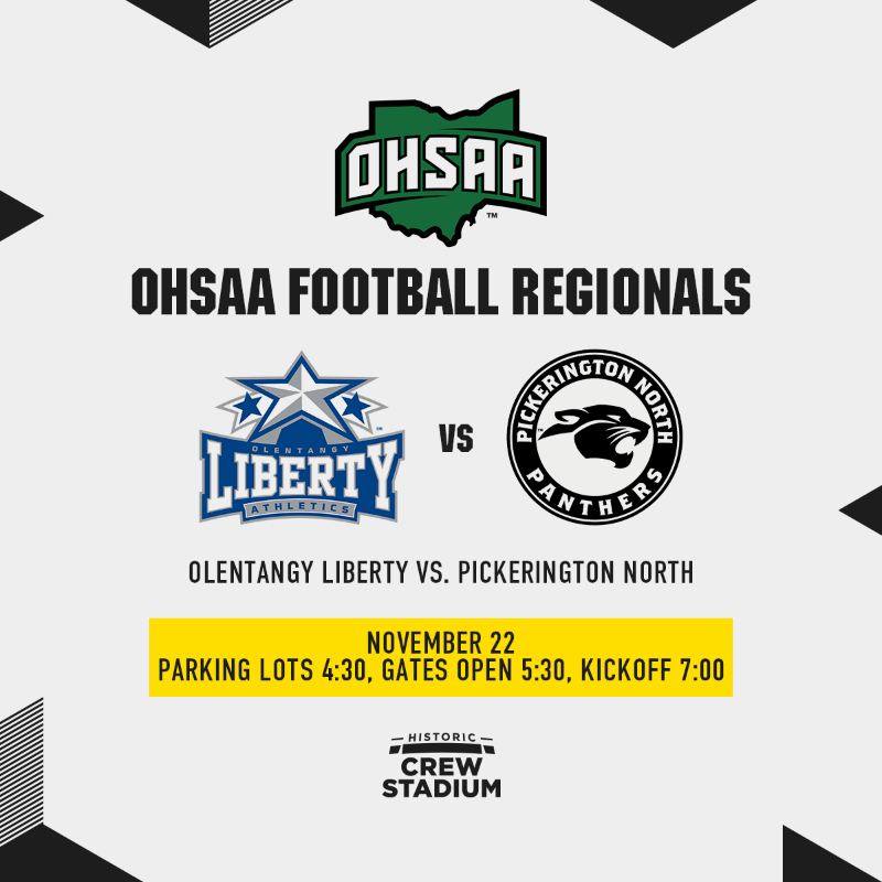 CrewStadium's tweet photo. The Division I, Region 3 Teams are In 🏈
 
OHSAA State Football Regionals return to @CrewStadium this Friday as Olentangy Liberty and Pickerington North take the field. Get more information and score tickets with the link in our bio! 🎟️