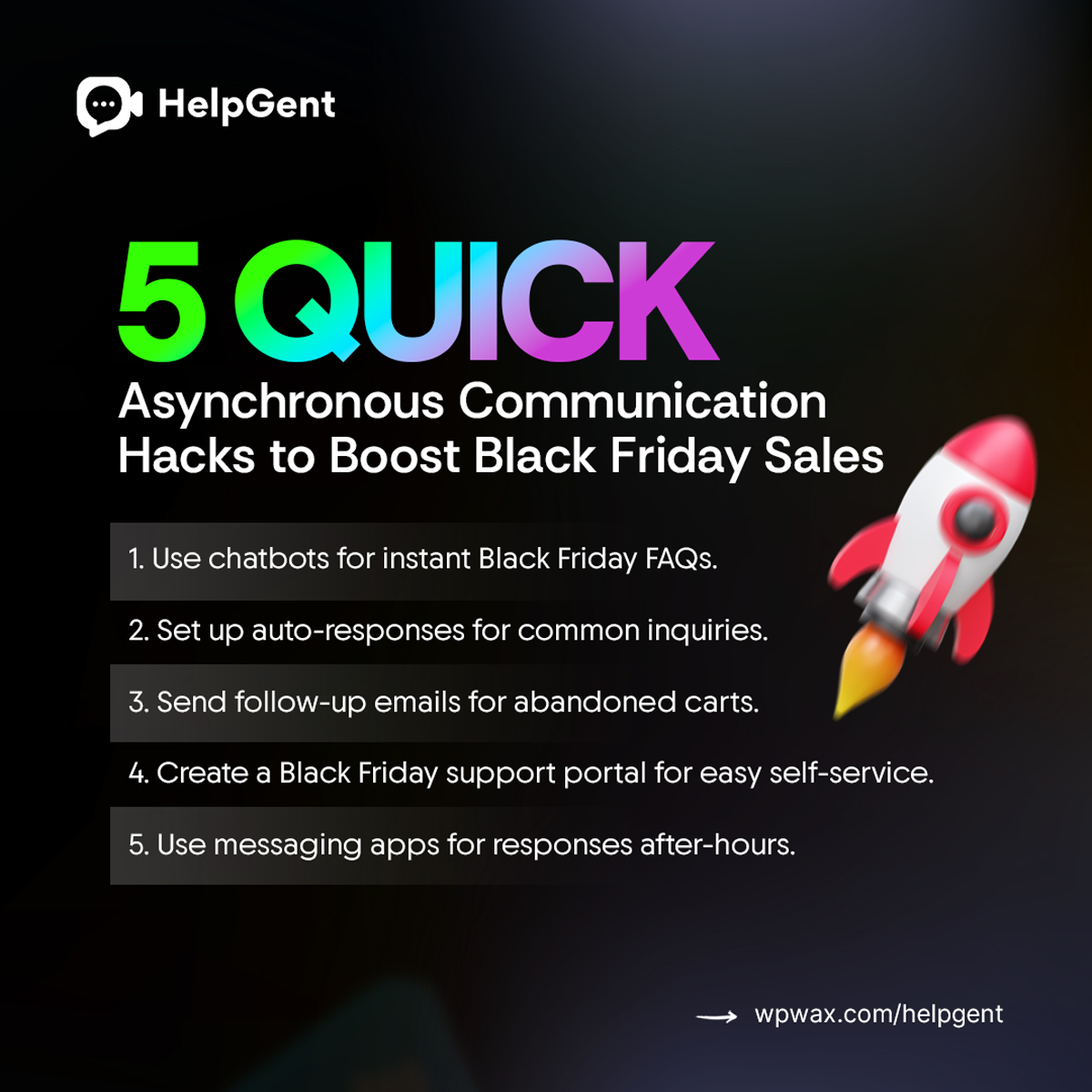 HelpGent's tweet image. 5 quick hacks to ace Black Friday with asynchronous communication! Boost engagement, save time, and make sales soar. Don&apos;t miss out—try them today!
#blackfridaysales #asynchronouscommunication #blackfridayhacks #businesshacks #digitalcommunication