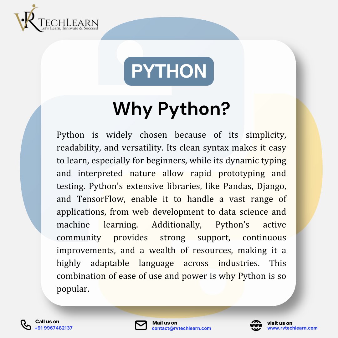 RVTechLearn's tweet image. Why Python?
Because it's simple, powerful, and perfect for beginners and pros alike! From AI to web development, Python does it all.
#Python #WhyPython #CodingLife #RVTechLearn #LetsLearnInnovateandSucceed