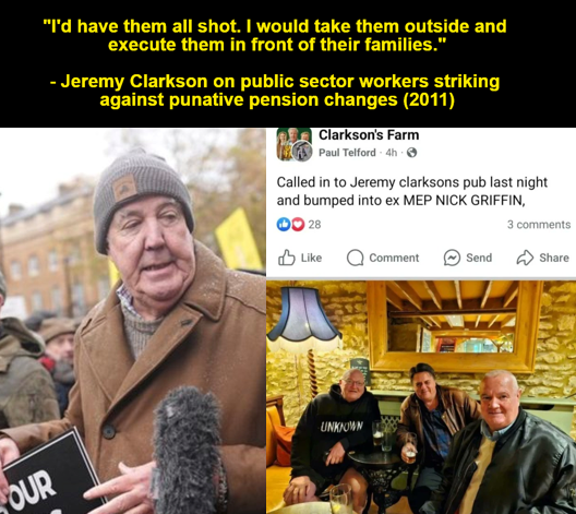 In 2011, two million public sector workers went on strike &amp; protested against changes to pension schemes, which included increasing employee pension contributions &amp; raising the age at which they're payable.

Here's what Clarkson said about the people on strike:

#FarmersProtest