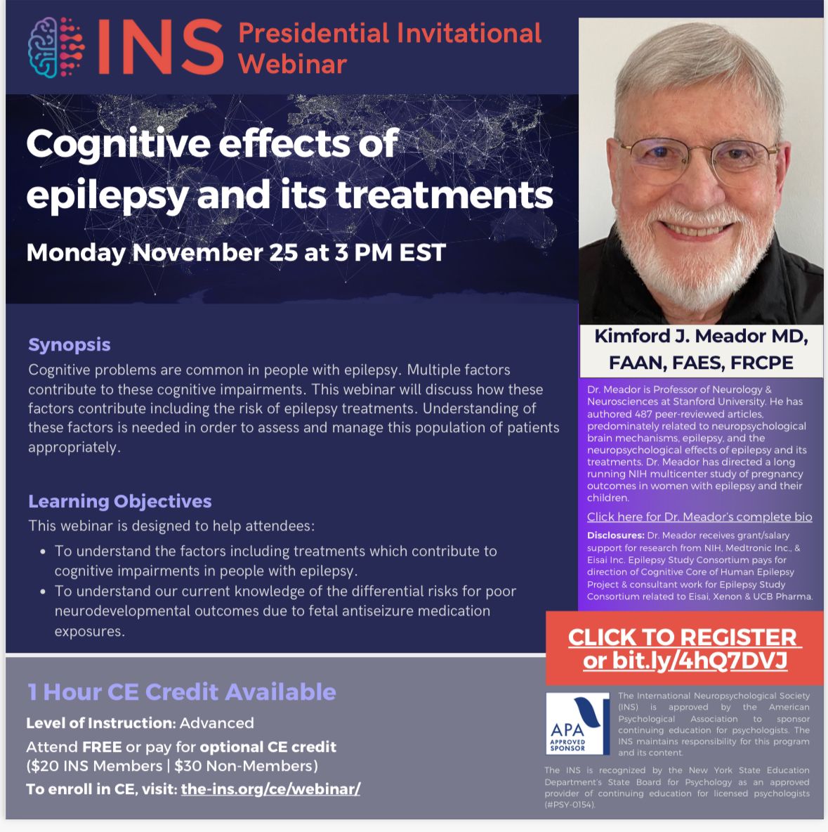 Join our <a href="/INSneuro/">INS</a> President, Prof David Loring, moderating the Education Committee Presidential Invitational on Cognitive Effects of Epilepsy and its Treatments by Prof Kimford Meador Monday Nov 25 at 3pm EST. Register: bit.ly/4hQ7DVJ -live attendance free to nonmembers