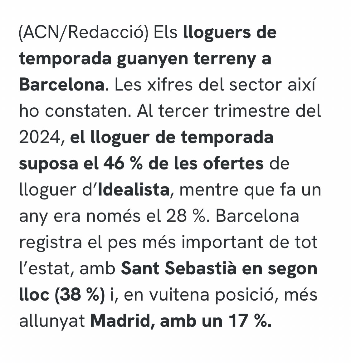 He quedat totalment monyeca amb aquestes xifres. El 46% de l'oferta d'habitatge a Barcelona és temporal mentre que a Madrid ho és només el 17%. La MEITAT dels nostres habitatges ofertats a visitants. És absolutament vergonyós i insostenible. La solució NO és construïr, LEGISLEU!