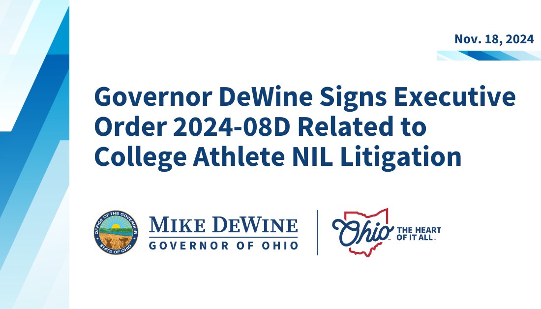 GovMikeDeWine's tweet image. Yesterday I signed an Executive Order to help make sure Ohio colleges and universities can fairly compete with their competition across the country while a national Name, Image, and Likeness settlement is finalized.➡️bit.ly/3V08edI