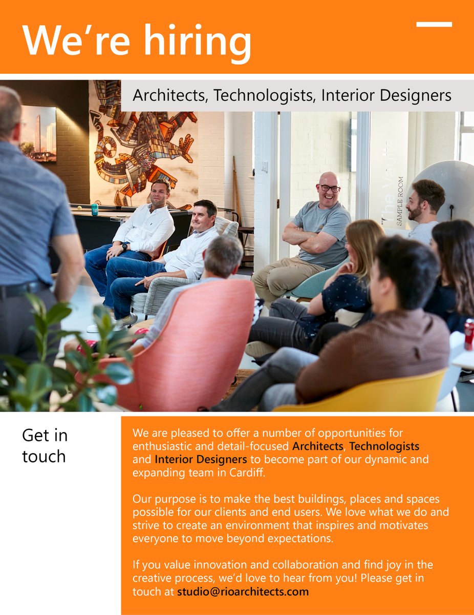 Rio is seeking experienced, passionate and detail-focused Architects, Interior Designers and Technologists to add to its dynamic and growing team in Cardiff.

Please get in touch at studio@rioarchitects.com

#hiring #Architect #interiordesigners #technologists #CIAT #Careers