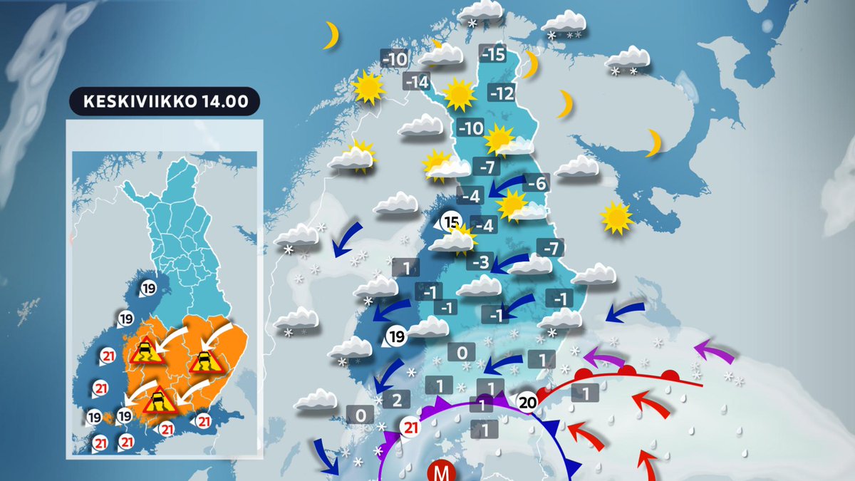 Voimakas matalapaine lähestyy Suomea etelästä → myrskytuulta ja lumipyryä. 
yle.fi/a/74-20125590
