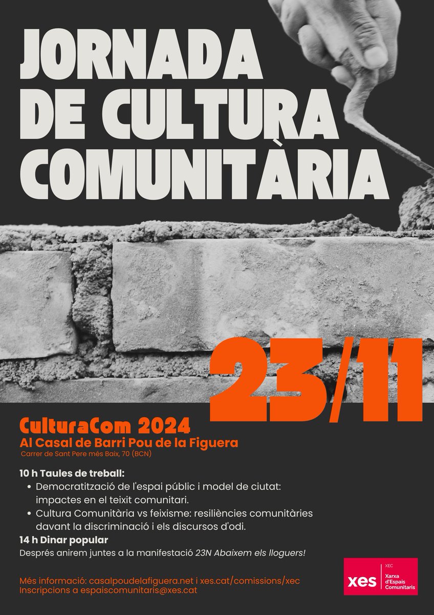 🧵 Aquest dissabte ens trobem amb la Xarxa d'Espais Comunitaris al <a href="/CasalPou/">CasalBarriPouFiguera</a> en la 3a edició de la CulturaCOM per seguir debatent, construint i articulant la cultura comunitària del país
📆 23/11, 10h-16h
✍️ espaiscomunitaris@xes.cat

I després, anem juntes a la mani d'habitatge!