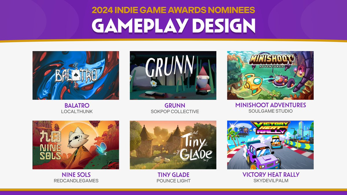 🏆 Gameplay Design 🏆

🔸 Balatro, <a href="/LocalThunk/">localthunk</a>
🔸 Grunn, <a href="/sokpopco/">Sokpop Collective</a>
🔸 Minishoot Adventures, <a href="/SoulGameStudio/">SoulGame</a>
🔸 Nine Sols, <a href="/redcandlegames/">redcandlegames</a>
🔸 Tiny Glade, <a href="/PounceLight/">Tiny Glade 🏰🌿 out NOW on Steam ✨</a>
🔸 Victory Heat Rally, <a href="/skydevilpalm/">Skydevilpalm</a>