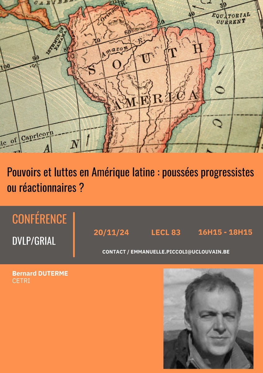 Aujourd'hui  !
Amérique latine : poussées progressistes, réactions conservatrices
Exposé de <a href="/BDCETRI/">Bernard Duterme - CETRI</a> * dans le cadre du cours ’Analyse  socio-économique de l’Amérique latine’ d’<a href="/PiccoliEmma/">Emmanuelle</a> (@UCLouvain_be).
👉 cetri.be/Amerique-latin…
* À lire : cetri.be/Amerique-latin…