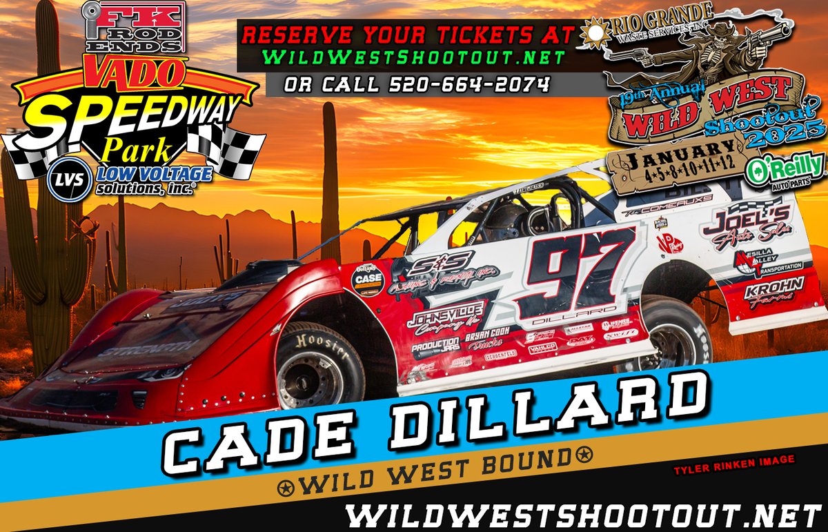 Wild West Shootout (@wildwshootout) on Twitter photo Louisiana's <a href="/CDillard97/">Cade Dillard</a> will compete in both the Super Late Model and Modified during the 19th annual Wild West Shootout on Jan. 4-12 at @fkrodends @vadospeedway presented by Low Voltage Solutions.
Get your reserved tickets now at -> WildWestShootout.net #BeThere #WWS2025 Louisiana's <a href="/CDillard97/">Cade Dillard</a> will compete in both the Super Late Model and Modified during the 19th annual Wild West Shootout on Jan. 4-12 at @fkrodends @vadospeedway presented by Low Voltage Solutions.
Get your reserved tickets now at -> WildWestShootout.net #BeThere #WWS2025