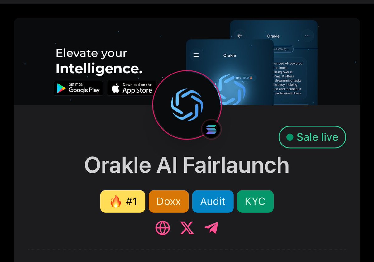 orakle_ai's tweet photo. We’re Trending #1 on PinkSale! 🚀

The $ORAKLE presale is on fire! 🔥 We’ve raised over 50 SOL and are currently trending at #1 on PinkSale! A huge thank you to our amazing community for making this happen.

This is your moment to join the excitement and secure your spot in the future of AI-powered innovation. Don’t miss out!

🔗 Join the Presale Now: https://t.co/l4RaThSs2t

💡 Let’s keep this momentum alive—be part of the movement! 🌟