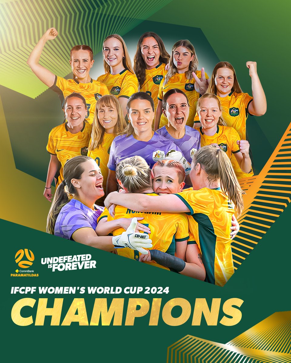paramatildas's tweet photo. IFCPF Women's World Cup 2024 CHAMPIONS 🏆🌏🇦🇺

We claim the #IFCPFWWC title after beating the USA 6-2! Thank you for all of your amazing support back home in Australia and here in Salou! 💚💛

#ParaMatildas #Undefeated #CPFootball https://t.co/yKS76FRVjq