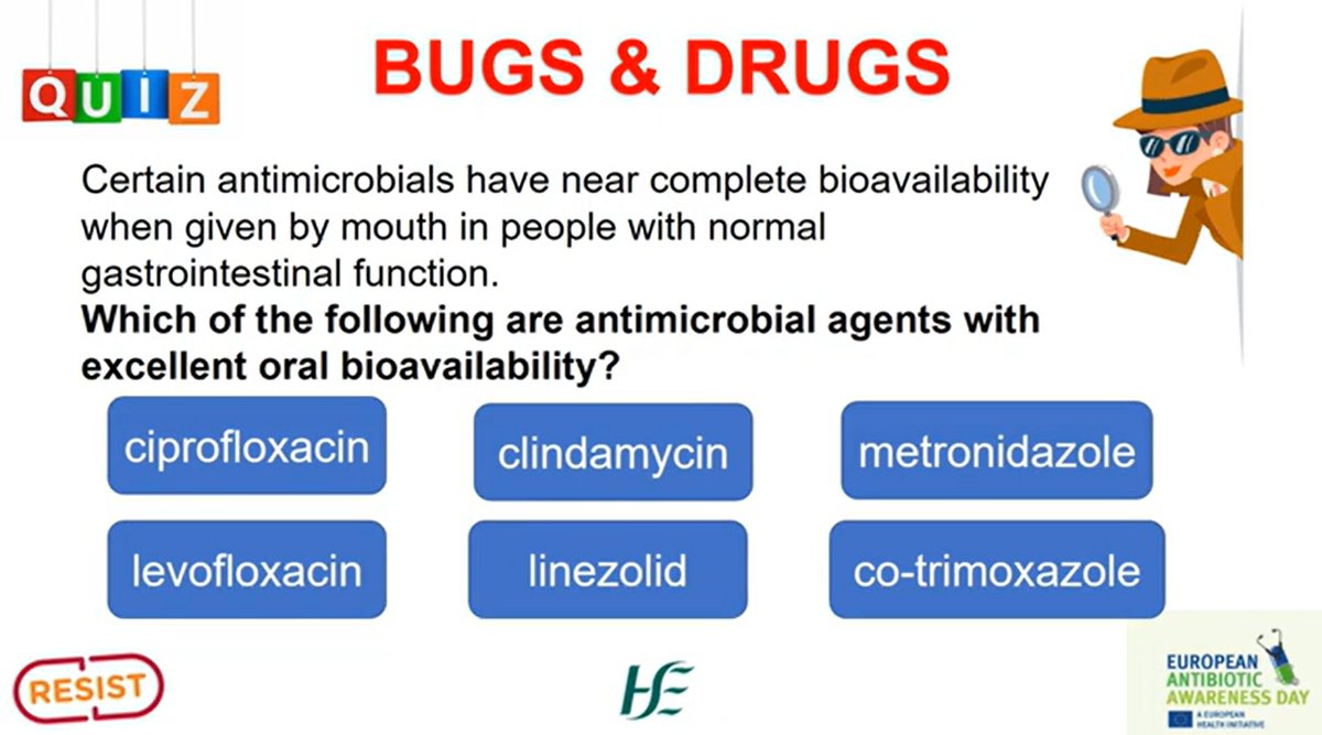 HSE Health Protection Surveillance Centre (HPSC) (@hpscireland) on Twitter photo Which of the following antimicrobial agents have excellent oral bioavailability? 
💊ciprofloxacin
💊clindamycin
💊metronidazole
💊levofloxacin
💊linezolid
💊co-trimoxazole
Find out the answer👉🔗youtu.be/f5ltlAYO48E Which of the following antimicrobial agents have excellent oral bioavailability? 
💊ciprofloxacin
💊clindamycin
💊metronidazole
💊levofloxacin
💊linezolid
💊co-trimoxazole
Find out the answer👉🔗youtu.be/f5ltlAYO48E