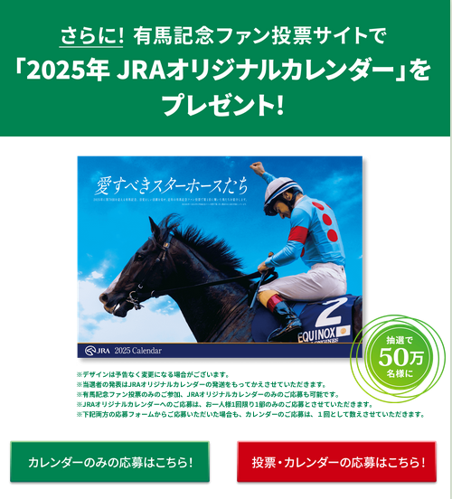 有馬記念ファン投票 JRAオリジナルカレンダー50万名に当選しました