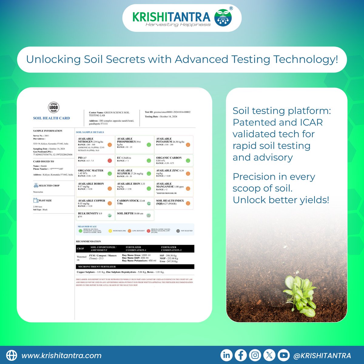 𝗧𝗿𝗮𝗻𝘀𝗳𝗼𝗿𝗺 𝗬𝗼𝘂𝗿 𝗦𝗼𝗶𝗹, 𝗧𝗿𝗮𝗻𝘀𝗳𝗼𝗿𝗺 𝗬𝗼𝘂𝗿 𝗬𝗶𝗲𝗹𝗱!

Experience #KrishiTantra's ICAR-validated tech for rapid soil testing &amp; tailored recommendations.

🔍 Soil Health Reports
🎯 Better Yields
Visit: krishitantra.com

#Agritech #HarvestingHappiness