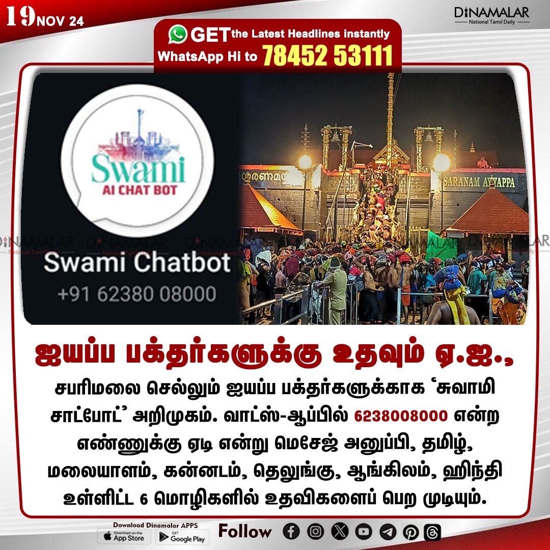 dinamalarweb's tweet photo. ஐயப்ப பக்தர்களுக்கு உதவும் ஏ.ஐ.,
#SwamiChatbot | #AI | #Sabarimalapilgrimage | #6languages| #templeservices
https://t.co/y4W3uzOWeZ https://t.co/ZuNXhkORaz