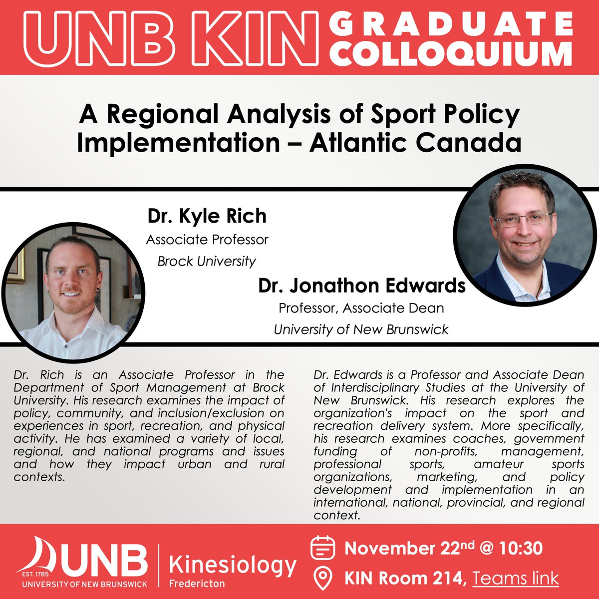 CELLAB (@unb_cellab) on Twitter photo Don't miss this week's @KinUNBColloquium speakers, Dr. Kyle Rich (<a href="/BrockSPMA/">Brock SPMA</a> <a href="/BrockUniversity/">Brock University</a>) and Dr. Jonathon Edwards (<a href="/UNB/">UNB</a> Interdisciplinary Studies & <a href="/UNB_kinrss/">Recreation and Sport Studies</a>), sharing the latest in #sportmanagement and #policyimplementation!🌟
🕥Friday @ 10:30
🔗bit.ly/4fvxeBZ Don't miss this week's @KinUNBColloquium speakers, Dr. Kyle Rich (<a href="/BrockSPMA/">Brock SPMA</a> <a href="/BrockUniversity/">Brock University</a>) and Dr. Jonathon Edwards (<a href="/UNB/">UNB</a> Interdisciplinary Studies & <a href="/UNB_kinrss/">Recreation and Sport Studies</a>), sharing the latest in #sportmanagement and #policyimplementation!🌟
🕥Friday @ 10:30
🔗bit.ly/4fvxeBZ