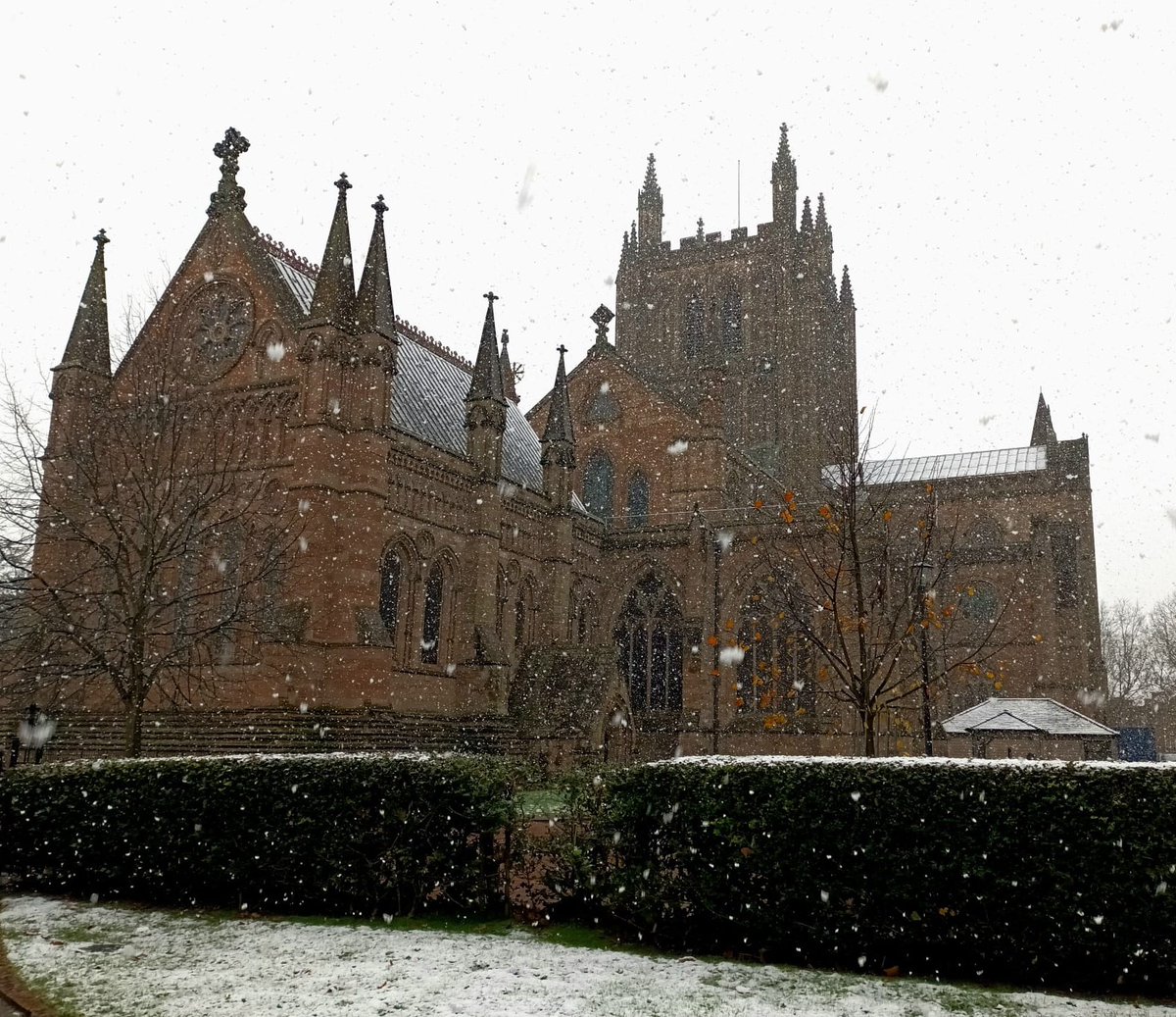 Hereford cathedral today in the snow.