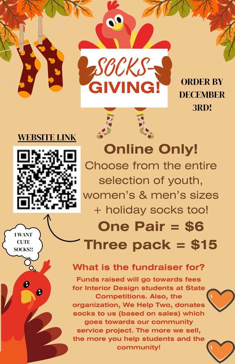 SHS Interior Design (@shs_intdesign) on Twitter photo Socks-giving fundraiser!!! Order cute socks ๐งฆ๐ online through Dec. 3rd! Order socks for holiday presents! Large selection of the cutest socks around! Help our Interior Design students + our community service project! <a href="/SmyrnaBulldog/">Smyrna Bulldog</a> #onlyoneshs <a href="/wehelptwo/">We Help Two</a> Socks-giving fundraiser!!! Order cute socks ๐งฆ๐ online through Dec. 3rd! Order socks for holiday presents! Large selection of the cutest socks around! Help our Interior Design students + our community service project! <a href="/SmyrnaBulldog/">Smyrna Bulldog</a> #onlyoneshs <a href="/wehelptwo/">We Help Two</a>
