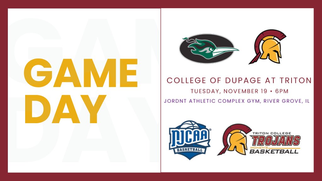 🏀  GAMEDAY!
🆚  DuPage 
📍 Jordnt Athletic Complex Gym, R-Building 
🕰️ 6:00 PM
📺 fan.hudl.com/tritontrojans
🎟 Adults without pass, $5, Children 12 and under, free. Triton students with ID, free. 
#WeRTriton #TrojanPride