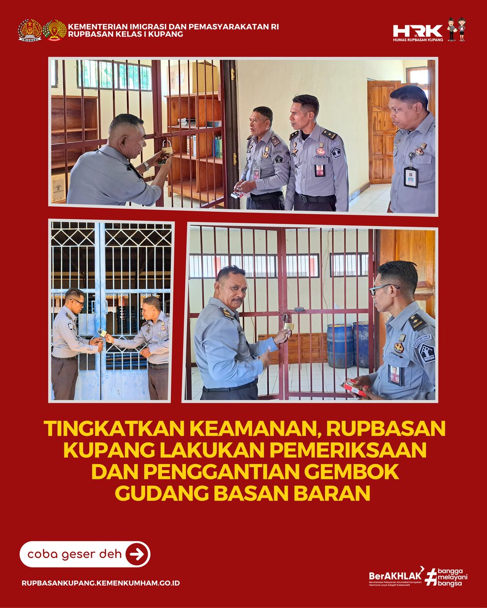 Rupbasankupang's tweet photo. Tingkatkan Keamanan, Rupbasan Kupang Lakukan Pemeriksaan dan Penggantian Gembok Gudang Basan Baran
https://t.co/0adutEZJby
#RupbasanKupangPasti
#KumhamSemakinPASTI
#KemenimipasRIPASTI
#AlwaysTheBest
#HumasBergerakBersama
#ASNPilihNETRAL https://t.co/e3slwH88g2