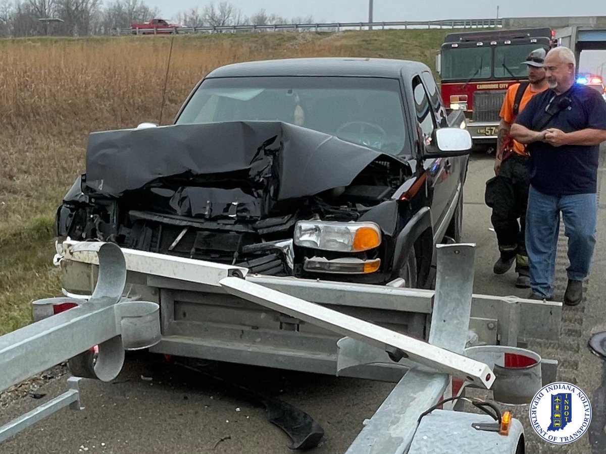 INDOTEast's tweet photo. On Monday we had our 5th TMA hit (4 hit in the Indianapolis area and 1 in the Cambridge City area). The driver went through multiple cones before hitting our TMA. 

We want to remind motorists to #BuckleUpPhoneDown as these two simple actions could save lives. https://t.co/4EjMpYioV4