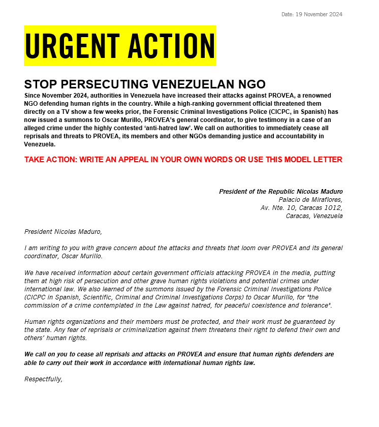 AmnistiaOnline's tweet photo. 🚨🚨🚨 #AcciónUrgente sobre #Venezuela 🚨🚨🚨

⚠️ Exigimos urgentemente a @NicolasMaduro y otras autoridades del país frenar el acoso en contra de @_Provea. 

🔴 Su contribución histórica a los derechos humanos en el país no puede ser castigada ni silenciada. https://t.co/0GZQtWsYKB