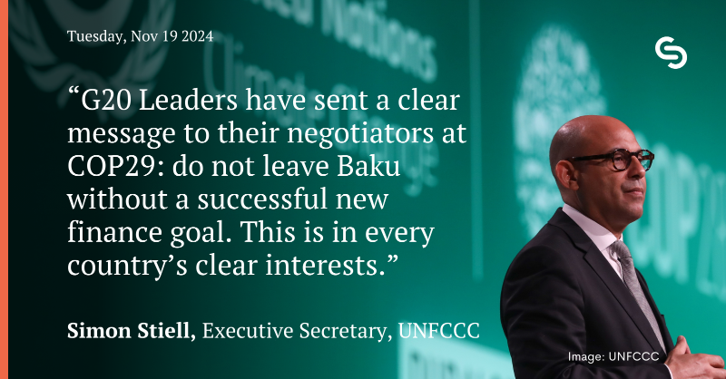 ⬇️Just In ⬇️: UNFCCC Executive Secretary <a href="/simonstiell/">Simon Stiell</a> reacts to the joint statement from G20 leaders in Rio de Janeiro 

unfccc.int/news/g20-deleg…