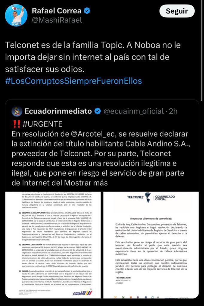 Kathie_ar's tweet image. La administración de las telecomunicaciones en Ecuador quedó bajo el control de los Topic, sin que el Estado obtenga beneficios ni tenga autoridad sobre ello.
El correísmo cedió a los Topic el manejo del subsuelo y el riesgo de desconectar al país del internet, aunque la