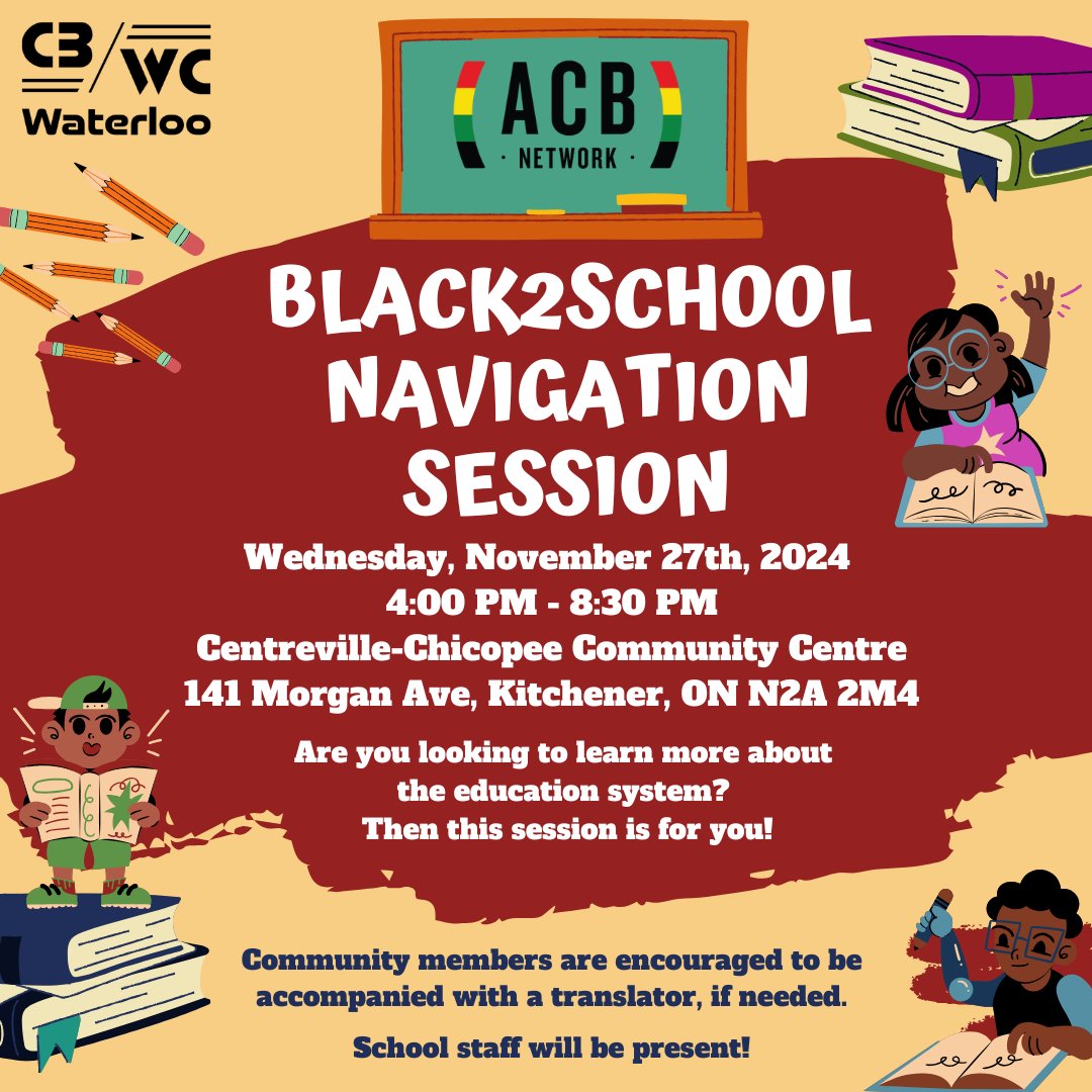 ACB Network of Waterloo Region (@ofacb) on Twitter photo The ACB Network Waterloo Region is hosting a drop-in “Black2School: Open House Information Session”. This is an opportunity to learn more about navigating the Canadian education system and have your questions answered by those who work in the system. The ACB Network Waterloo Region is hosting a drop-in “Black2School: Open House Information Session”. This is an opportunity to learn more about navigating the Canadian education system and have your questions answered by those who work in the system.