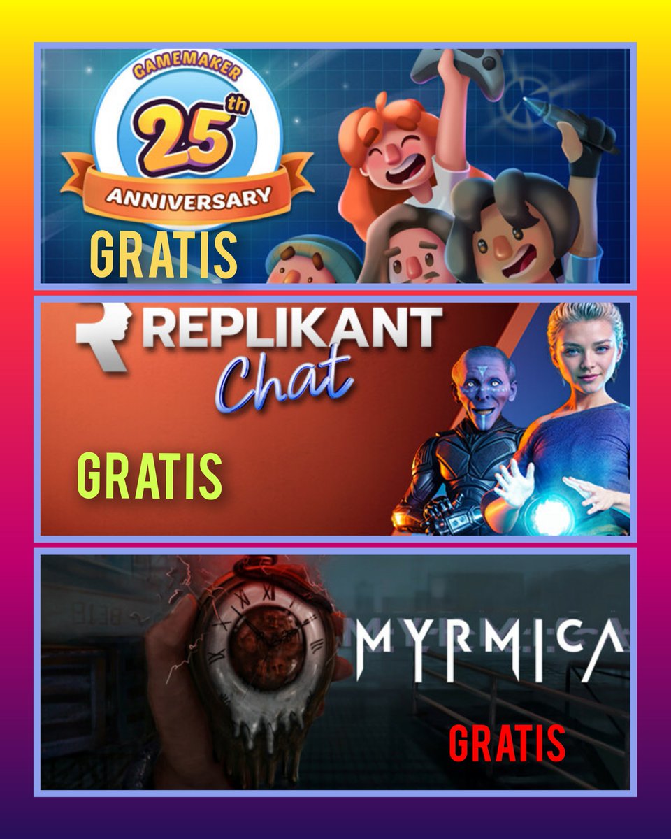 Vamos con esos juegos gratuitos que a nadie le interesan 😏😂😂😏 en Steam

 1- Gamemaker 25 Anniversary
store.steampowered.com/app/3219220/Ga…
 2- Replikant Chat: store.steampowered.com/app/3093690/Re…
 3- Myrmica: store.steampowered.com/app/3276840/My…

<a href="/Steam/">Steam</a> #pcgames #FelizMartesATodos #FelizMartes