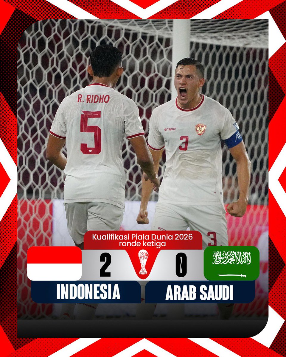 Alhamdulillah! 
Indonesia 2-0 Arab Saudi

Kemenangan pertama Timnas Indonesia di Ronde ketiga Kualifikasi Piala Dunia 2026! Kerja keras, pantang menyerah dan berhasil memanfaatkan peluang membuat Timnas bisa menang atas Arab Saudi.

Bangkit!

#KitaGaruda #GarudaMendunia