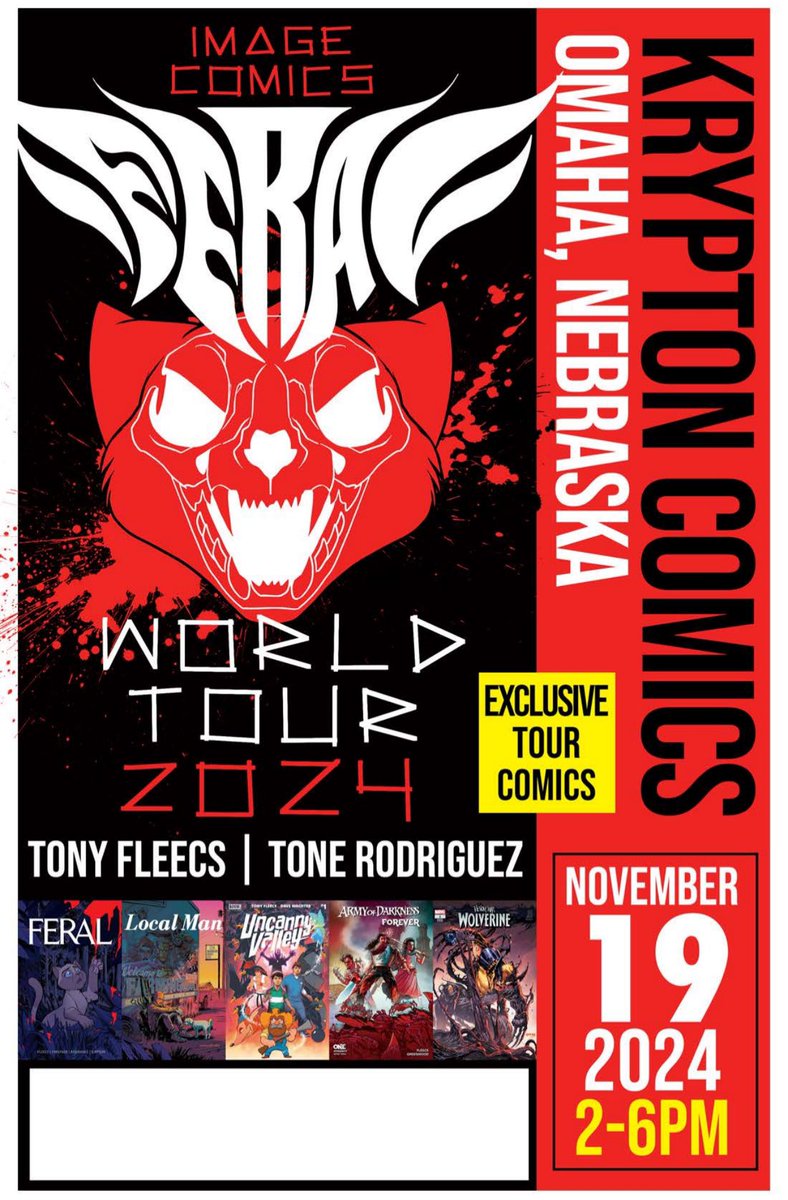 TonyFleecs's tweet photo. #OMAHA!! Today 11/19! 2-6pm! @KryptonComicsNE! #FeralWorldTour! We’re signing comics for FREE! We’re sketching (not for free!) come see me and @ToneRodriguez4 in Omaha today! Lincoln tomorrow! https://t.co/s9WIT8yeaE