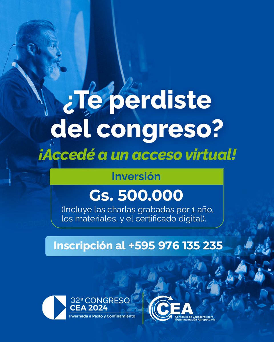 ⚠️ Accedé al Congreso CEA 2024 y sus materiales digitales a través del acceso VIRTUAL ⚠️

👉🏼 Míralo desde donde quieras, cuando quieras, y las veces que quieras.
📲 Info y compra al +595 976 135235