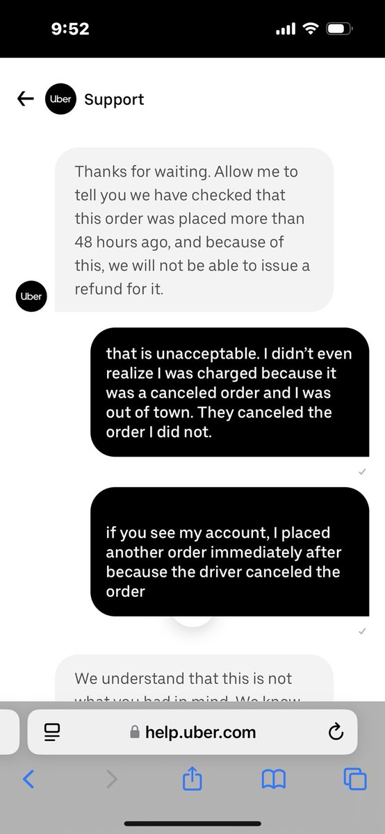 jforst26's tweet photo. @UberEats @Uber_Support this is an unacceptable response - I was charged for an order that the driver cancelled and because I did not realize I was charged and request a refund within 48 hours you will not refund?! Do better @Uber https://t.co/zeUJbs2MeZ