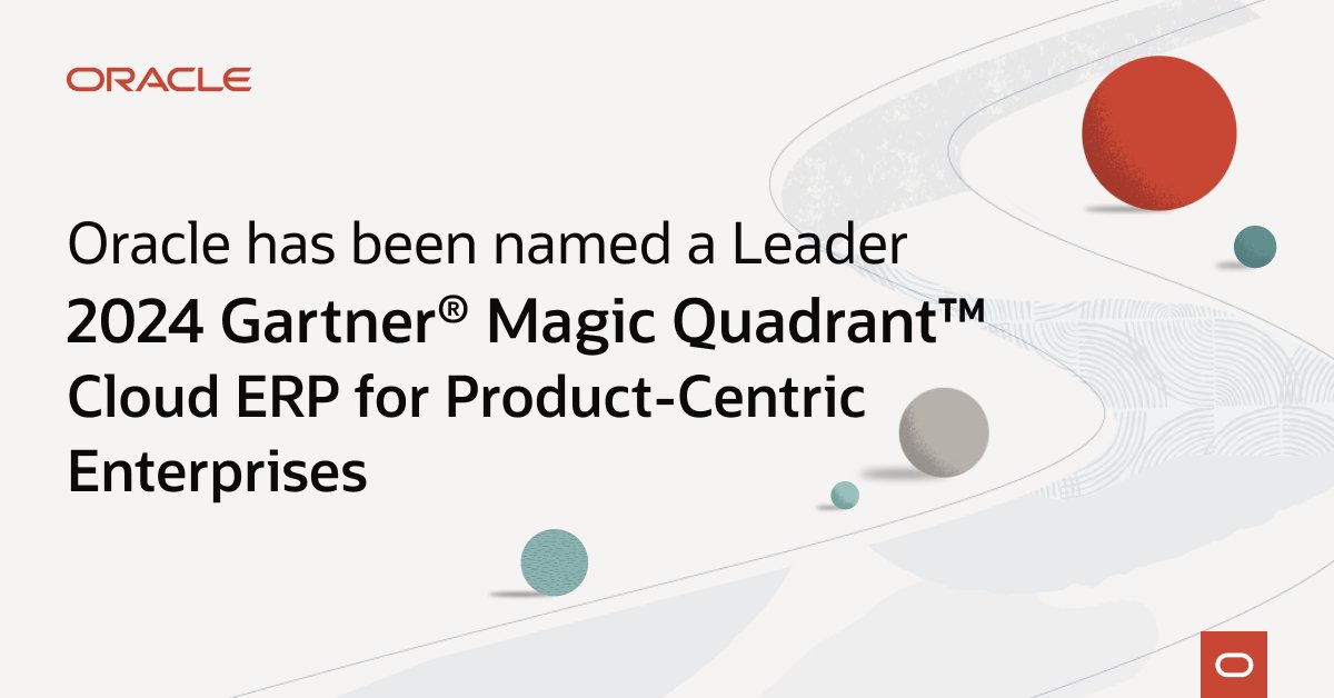 Great news! <a href="/Oracle/">Oracle</a> has been named a Leader in the 2024 <a href="/Gartner_inc/">Gartner</a> Magic Quadrant™ for Cloud ERP for Product-Centric Enterprises. Oracle Cloud ERP is positioned highest on Ability to Execute and furthest right on Completeness of Vision axes. social.ora.cl/6015so2h3