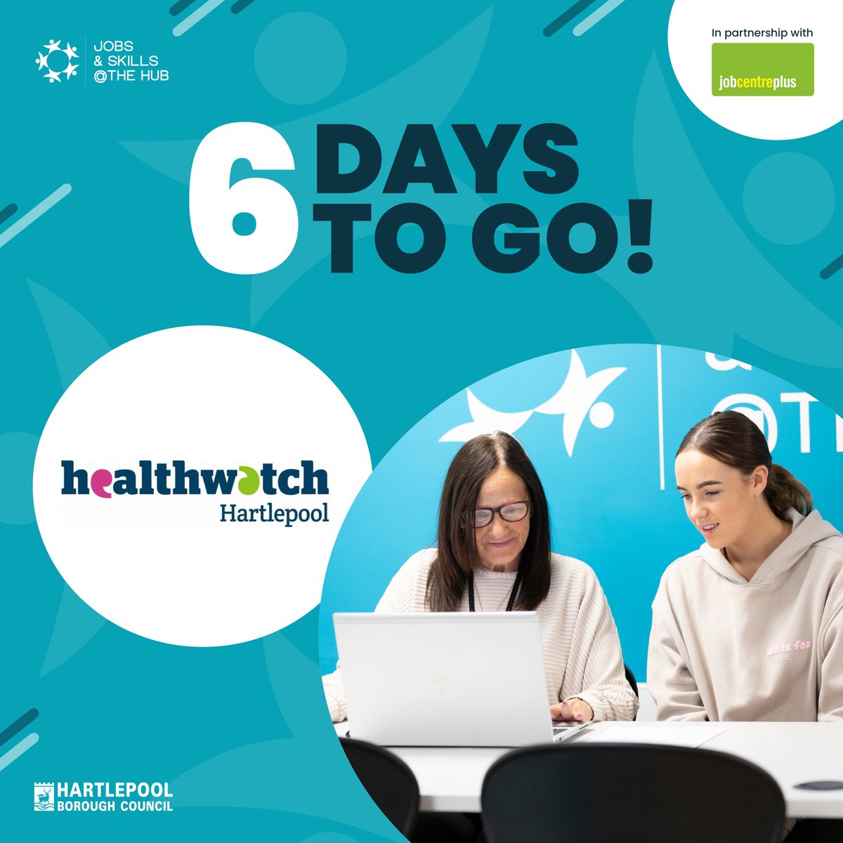 HartlepoolJS's tweet image. ‼️ 6 days to go until the Work, Wealth and Wellbeing Jobs Fair ‼️

Chat with some amazing organisations like @HWHPool ! 🤝

⏰ Wednesday 27 November 10:00AM - 12:00PM 
📍 Community Hub Central, York Road, TS26 9DE
🎟️ Free entry – No booking required!

See you there!
@HealthwatchE