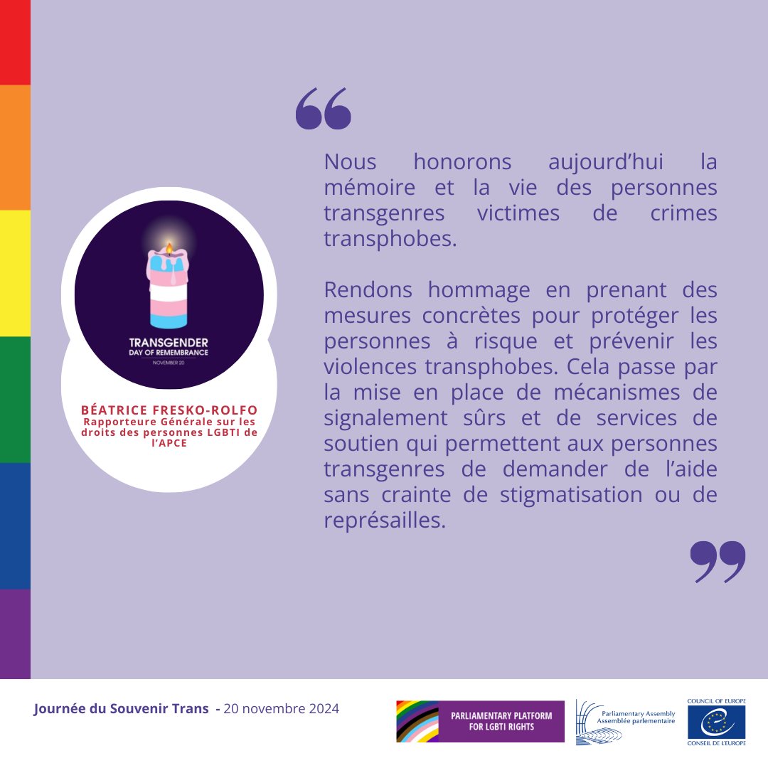 PACE_Equality (@pace_equality) on Twitter photo 🆕En cette Journée du souvenir trans #TDoR, nous honorons les victimes de la transphobie & agissons pour protéger les personnes #transgenres. Construisons une Europe inclusive, sans peur ni discrimination <a href="/BeatriceFresko/">Béatrice FreskoRolfo</a>
📃Lire sa déclaration ici: pace.coe.int/fr/news/9680/-… 🆕En cette Journée du souvenir trans #TDoR, nous honorons les victimes de la transphobie & agissons pour protéger les personnes #transgenres. Construisons une Europe inclusive, sans peur ni discrimination <a href="/BeatriceFresko/">Béatrice FreskoRolfo</a>
📃Lire sa déclaration ici: pace.coe.int/fr/news/9680/-…