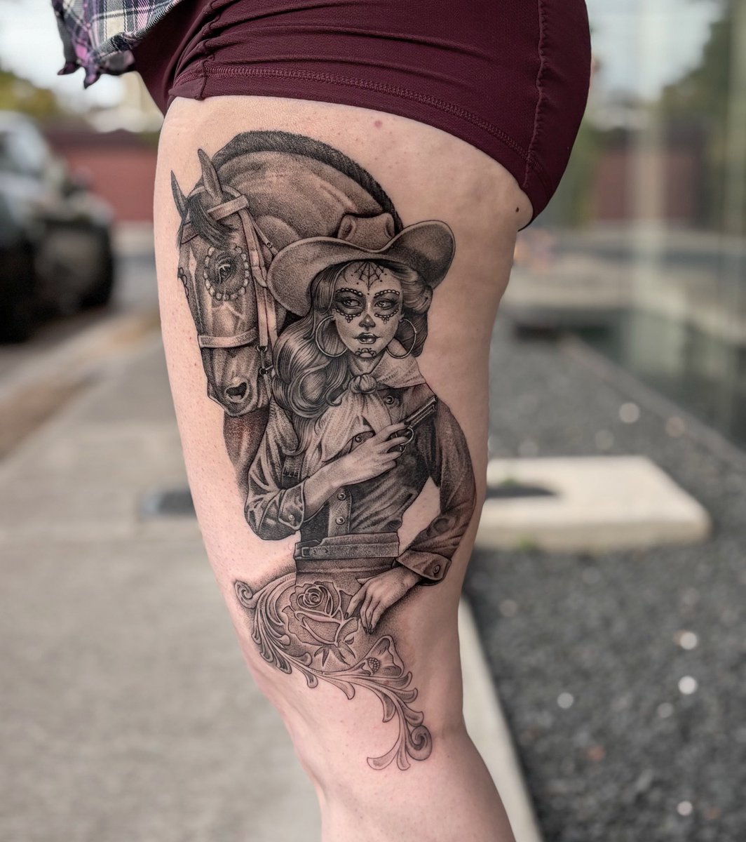 Day of the Dead Rodeo Cowgirl Leg Piece Tattoo done out in Austin Texas  this weekend. Had a lot of fun tattooing but now I get to enjoy the city  and find, image size:1064x1200