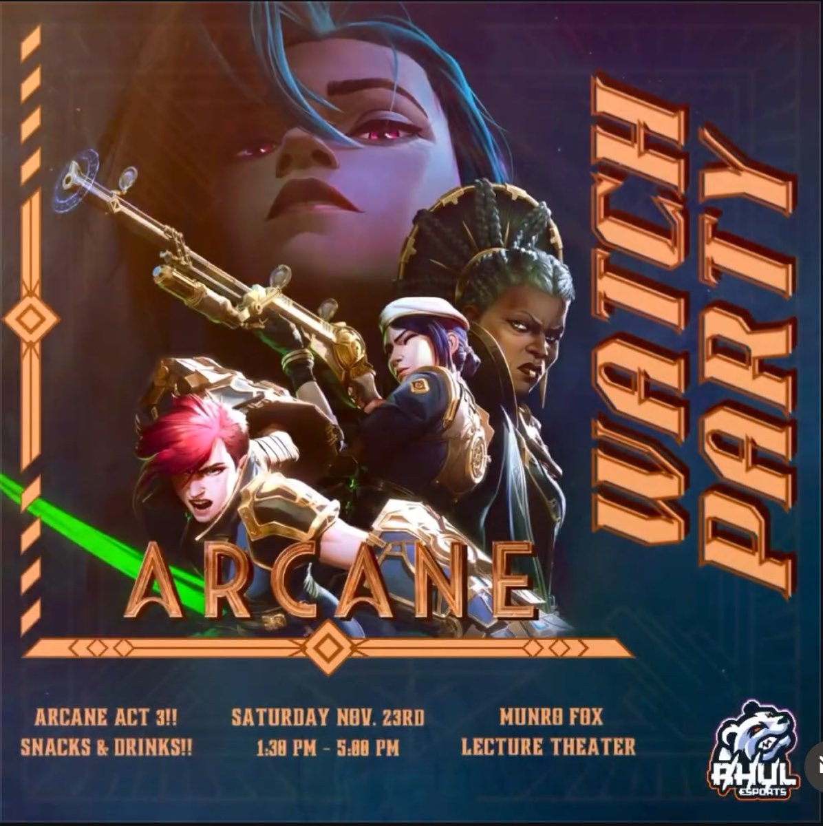 Come join us at our Arcane watchparty on campus on Saturday! More info in our discord in our bio  🫡