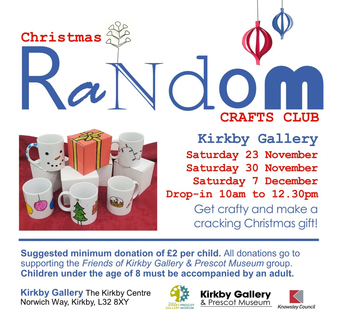 We've got fab festive drop-in crafts at Kirkby Gallery over the next three Saturdays - 23 &amp; 30 Nov, 7 Dec 10am to 12.30pm. Kids can make a Christmas gift for someone special for just £2!
#KirkbyGallery #CultureKnowsley #xmascrafts