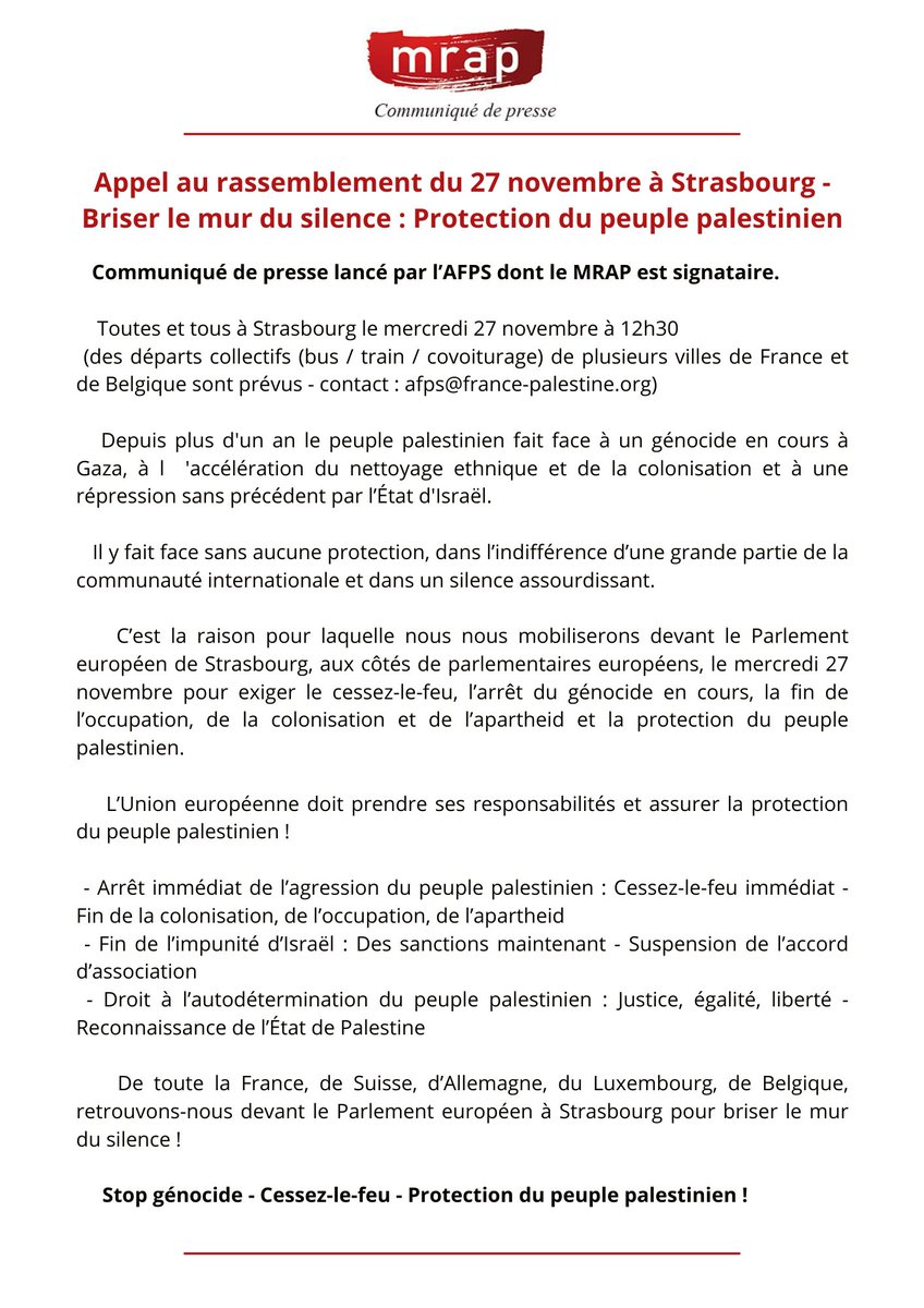 🟢 Mobilisation pour la Palestine ! 🟢

Le 27 novembre à 12h30, retrouvons-nous devant le Parlement Européen à Strasbourg pour exiger la protection du peuple palestinien.
#StopGénocide #SolidaritéPalestine #cessezlefeu #JusticePourLaPalestine