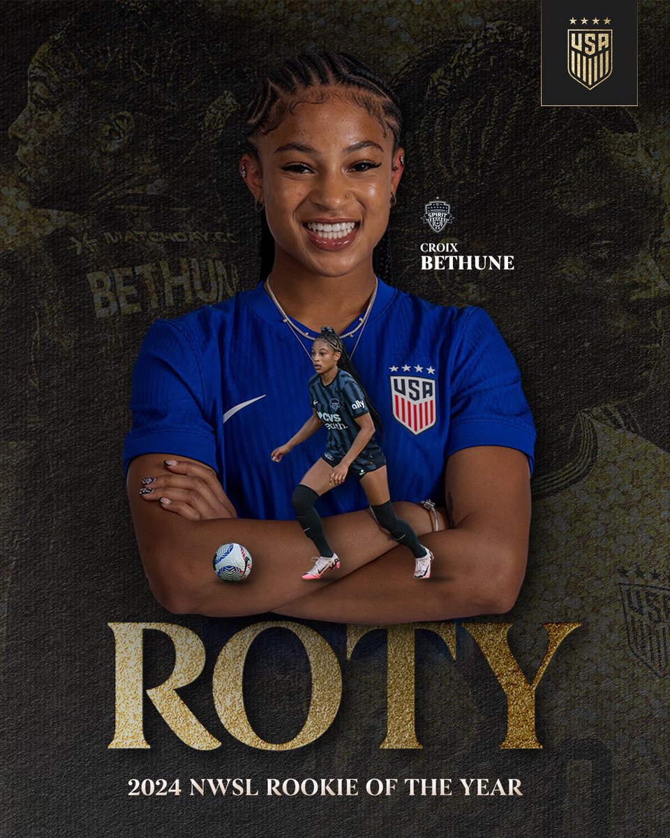 USWNT's tweet photo. 👏 17 appearances
🤝 10 assists 
⚽️ 5 goals
And a gold medal to boot 🥇

@CroixBethune is your 2024 @NWSL Rookie of the Year! https://t.co/rNeFZimlid