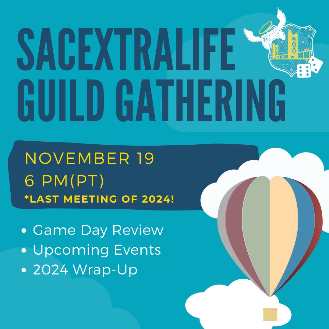 We hope you'll join us for our November Guild Gathering TONIGHT at 6pm(PT). This will be our LAST Guild Gathering of 2024 - let's review and prepare for greatness in 2025!

💙 ALL #ExtraLife friends are welcome: discord.gg/KrTu36NXyJ

#SacExtraLife